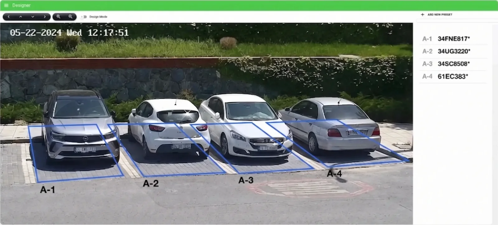 Designer ekranı: kamera görüntüsü üzerinde çizilmiş A-1, A-2, A-3 ve A-4 park slotları ile slot listesi