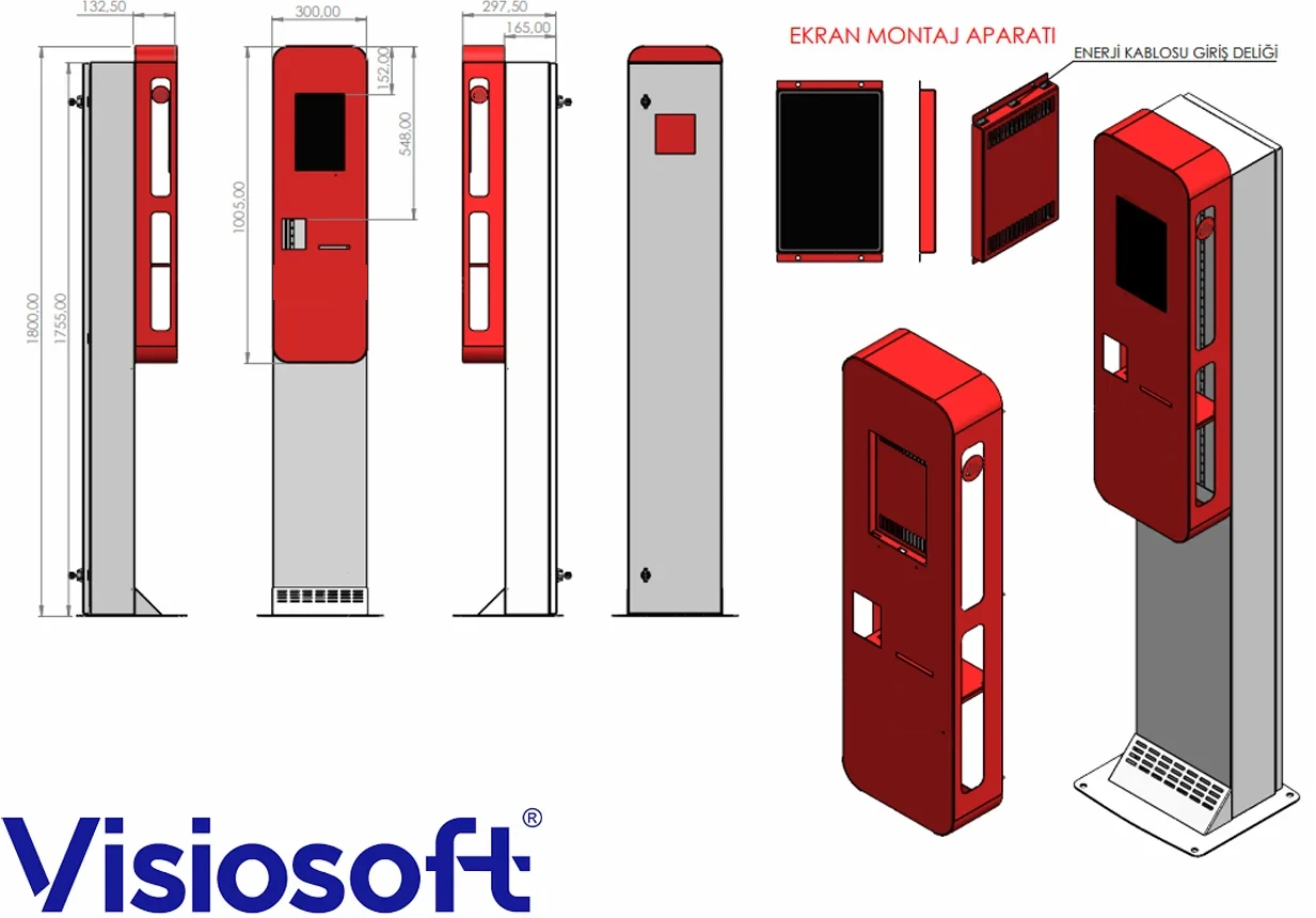 İnsansız çıkış ödeme kioskunun teknik çizimi: yan, ön ve arka görünüşler, 300 mm genişlik, 297,5 mm derinlik ve 1800 mm yükseklik ölçüleri