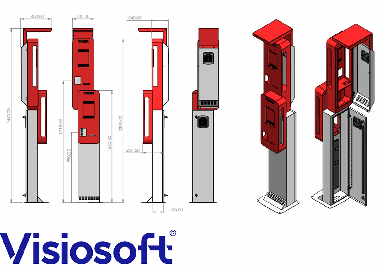İnsansız Çıkış Ödeme Kiosk TIR Versiyonu teknik çizimi: 300 mm genişlik, 430 mm derinlik ve 2455 mm yükseklik ölçüleriyle yan, ön ve arka görünüşler